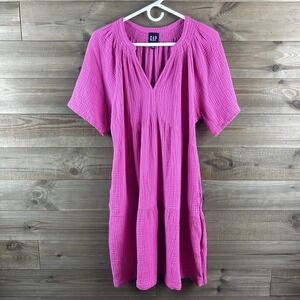 Gap Womens Dress Short Sleeve Vneck Crinkle Gauze Smocked Pockets Pink Medium